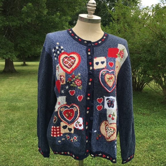 Sweetheart Heart Valentine Patchwork Sweater L - Picture 2 of 7